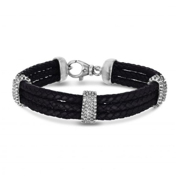 Sterling Silver Leather Triple Strand Woven Bracelet - Picture 1 of 1